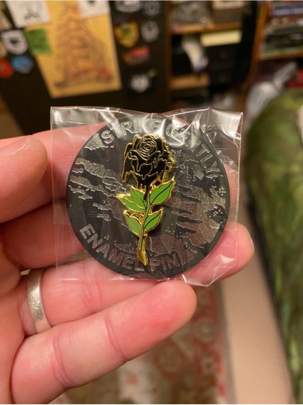 Brand New In Packaging Strike Gently Melting Black Rose Enamel Pin